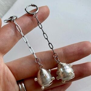 Wire wrapped baroque pearl long earrings